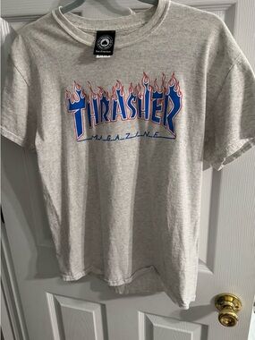 Thrasher Gray Tee with Blue Logo and Red Flame Outline